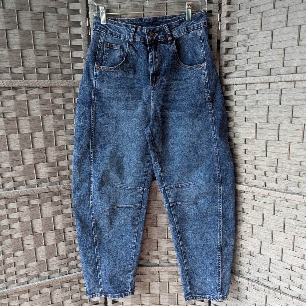 Barrel Leg Jeans Blue Acid Wash High Rise Stretch Denim Womens S (Fits M) 90s